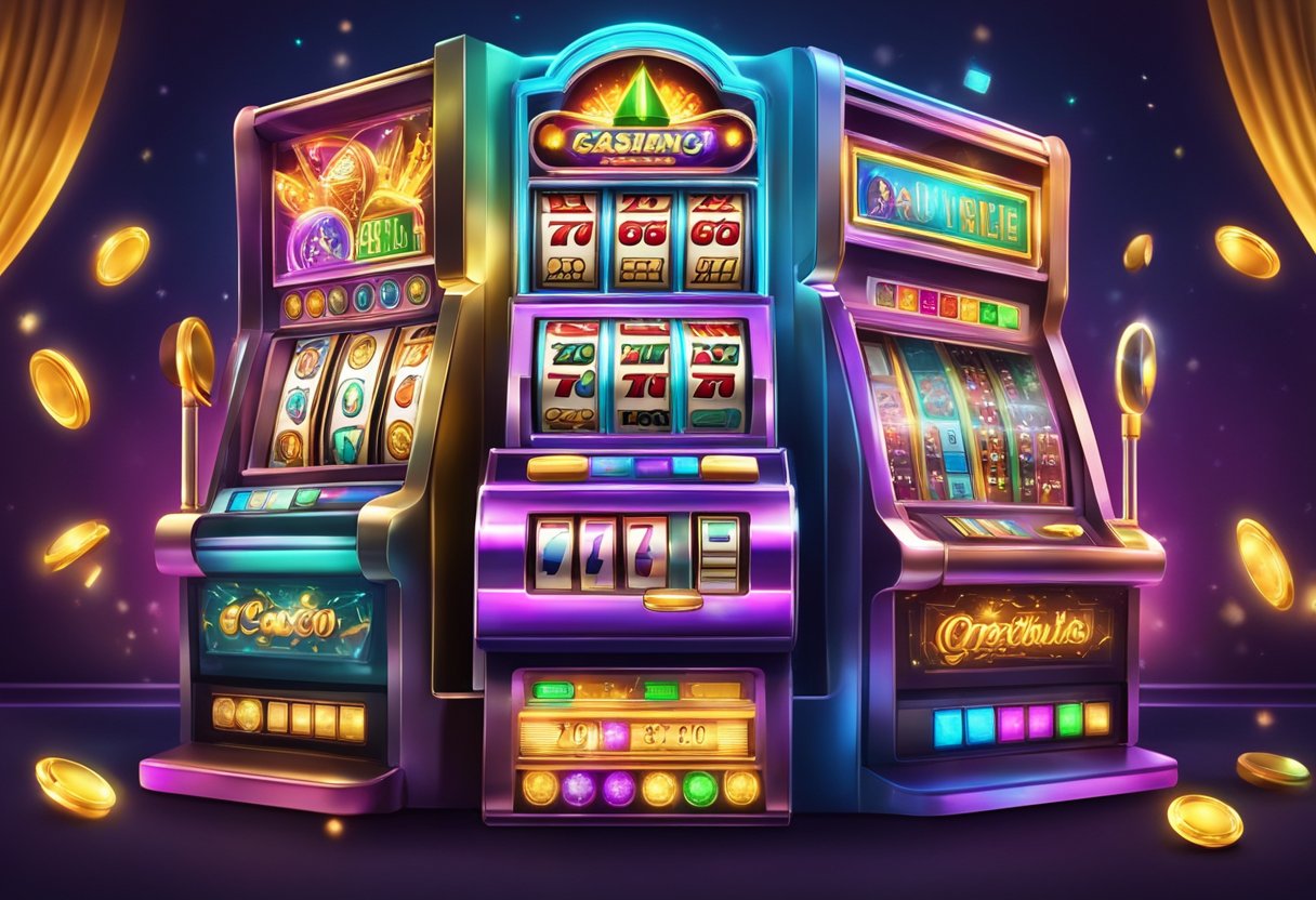A colorful slot machine with Megaways and 76 paylines, surrounded by flashing lights and casino ambiance