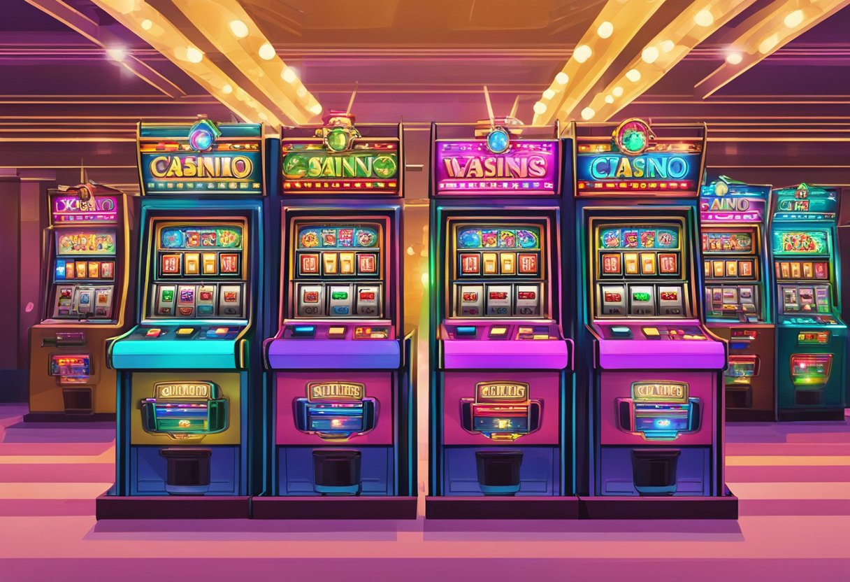 A bustling casino floor with rows of slot machines, featuring colorful graphics and flashing lights. A Megaways slot machine stands next to a traditional 76 payline slot, drawing in curious players