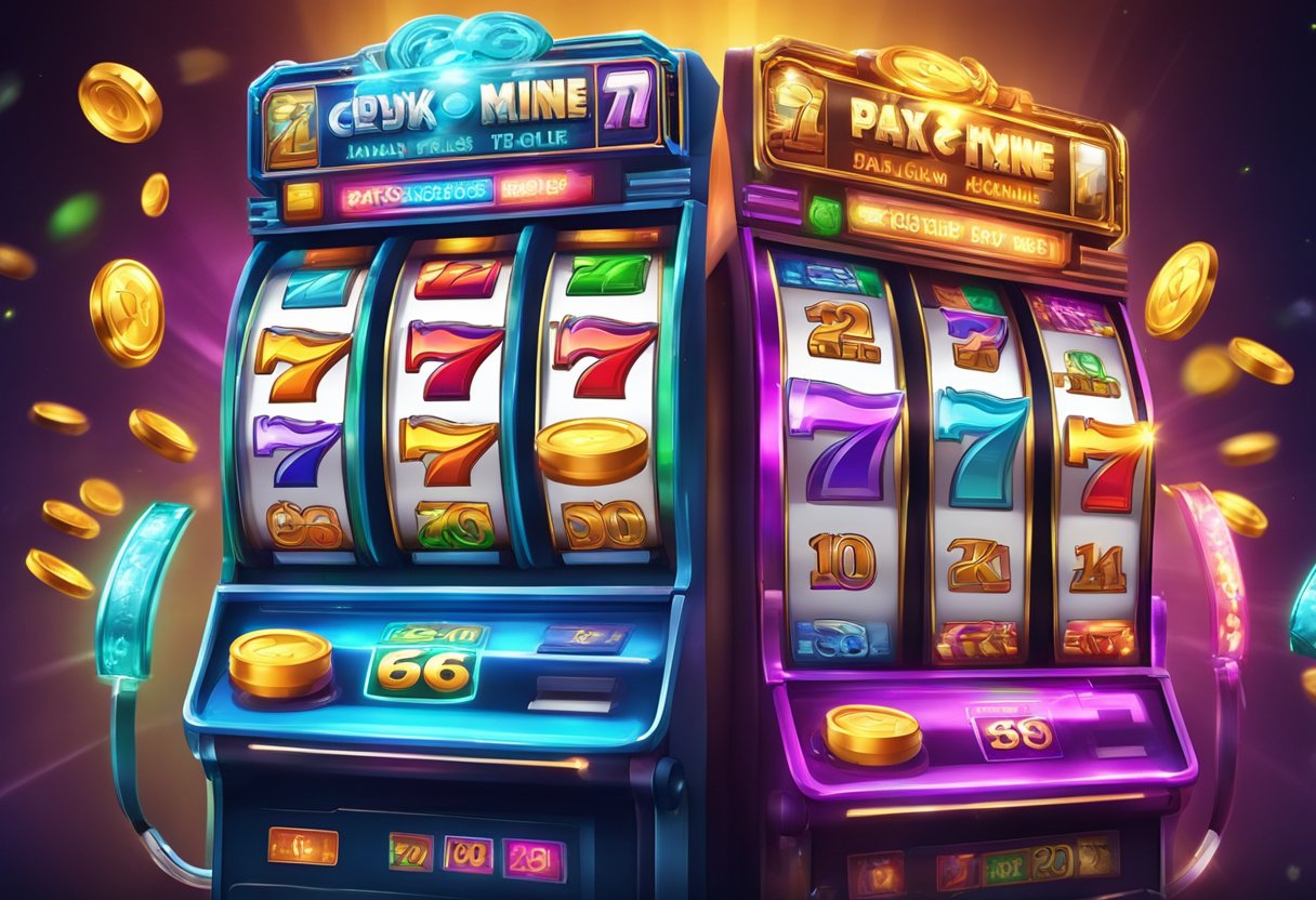 A vibrant slot machine with 76 paylines and intricate symbols, contrasting against a sleek Megaways slot with cascading reels and dynamic payline system