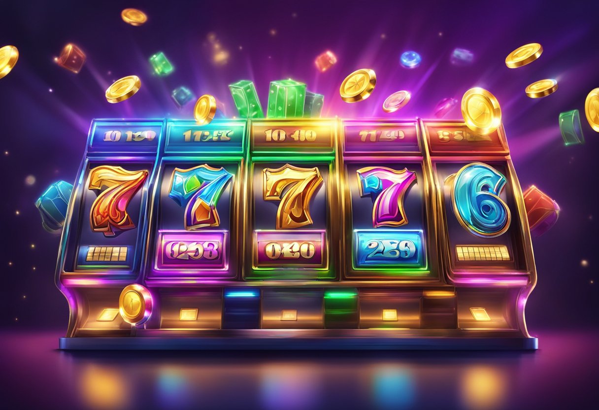 A vibrant slot machine with Megaways and 76 paylines, featuring colorful symbols and spinning reels set against a backdrop of casino lights and excitement