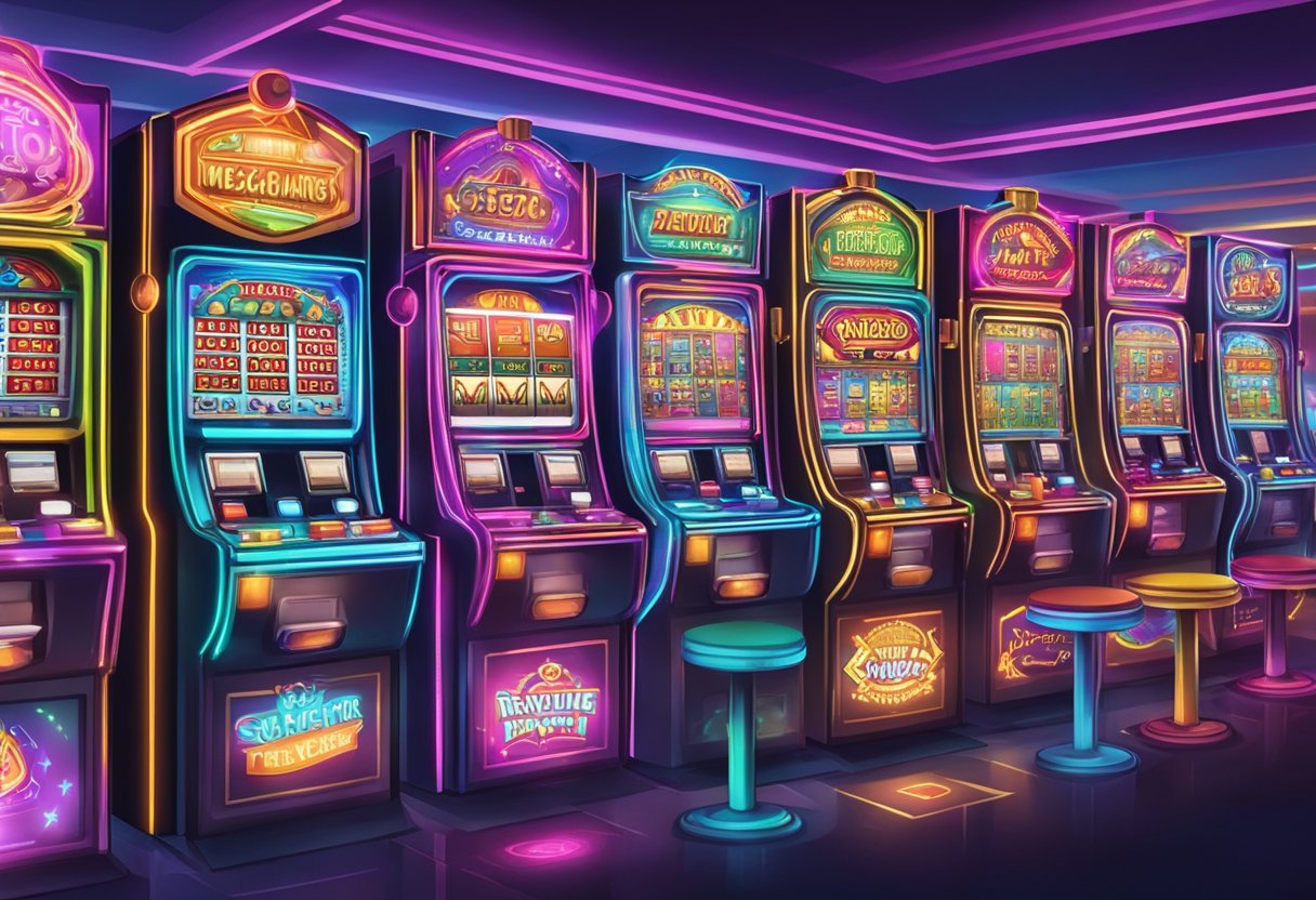 A bustling casino floor with two slot machines side by side, one labeled "Megaways" and the other "76 Paylines." Bright lights and colorful graphics draw in curious players