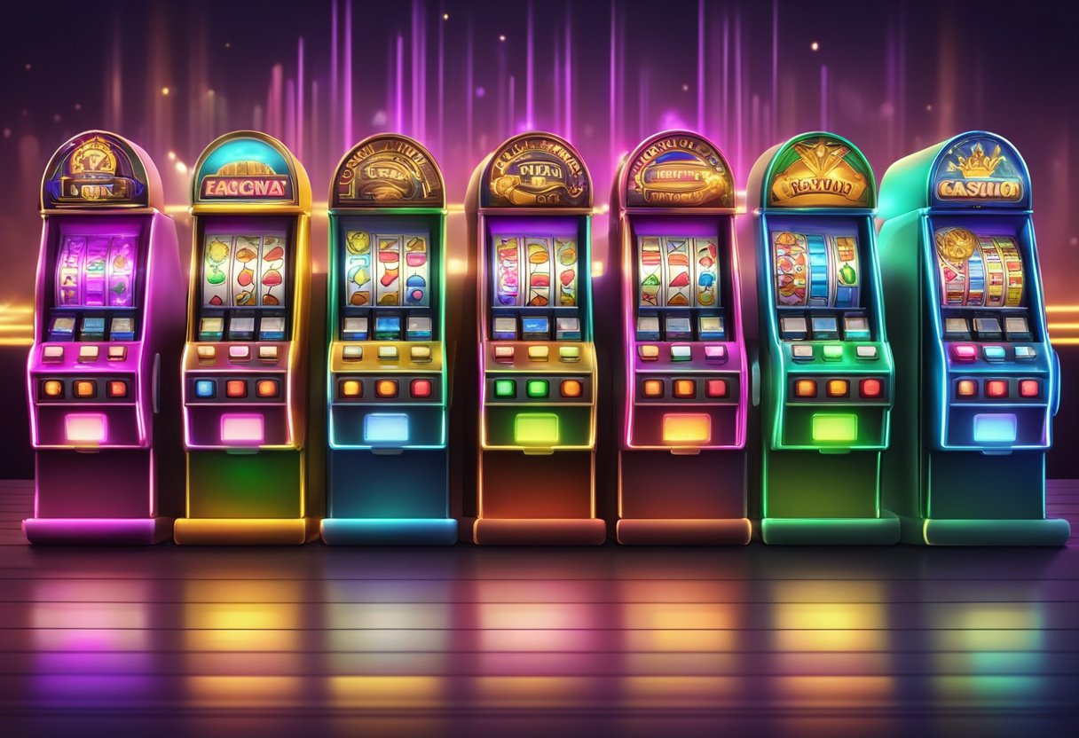 A colorful slot machine with Megaways and 76 paylines side by side, surrounded by flashing lights and casino ambiance