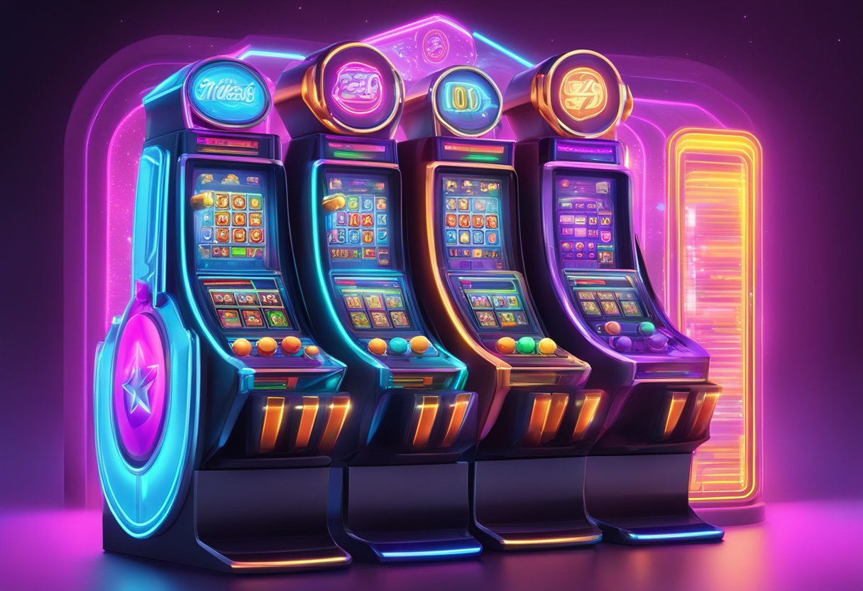 A futuristic slot machine with both Megaways and 76 paylines, featuring dynamic reels and vibrant symbols, set against a backdrop of neon lights and digital displays